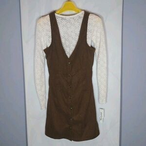 Wallflower Overall Dress Sz XS Sheer Lace Cropped Top Corduroy Academia
